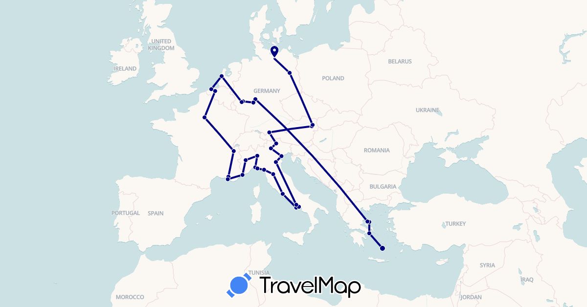 TravelMap itinerary: driving in Austria, Belgium, Germany, France, Greece, Italy, Netherlands (Europe)